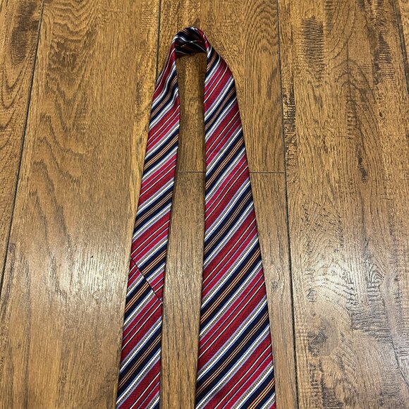 JZ RICHARDS Boulder Silk Necktie Red Blue Stripe Hand Made USA Lindley Clothing - Picture 5 of 7